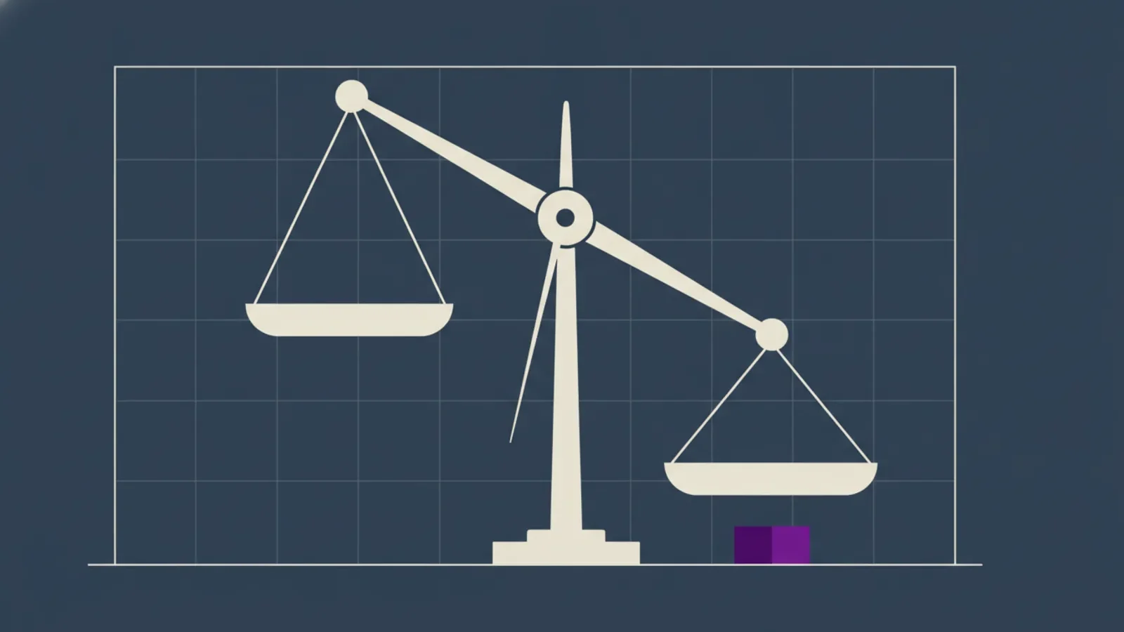 Editorial illustration: a balance scale pulled off true by a dense object hidden beneath one pan.