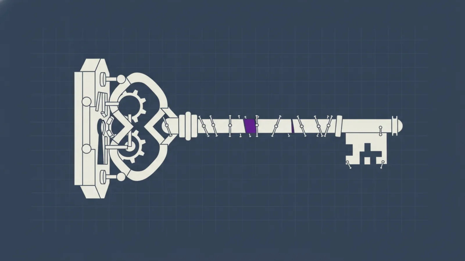 Editorial illustration: a key whose shaft is assembled from loose segments clamped together only temporarily.