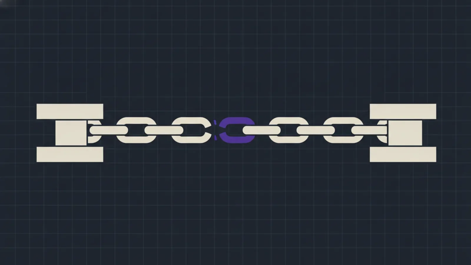 Editorial illustration: a chain stretched between two anchors with one link hanging open and unclosed.