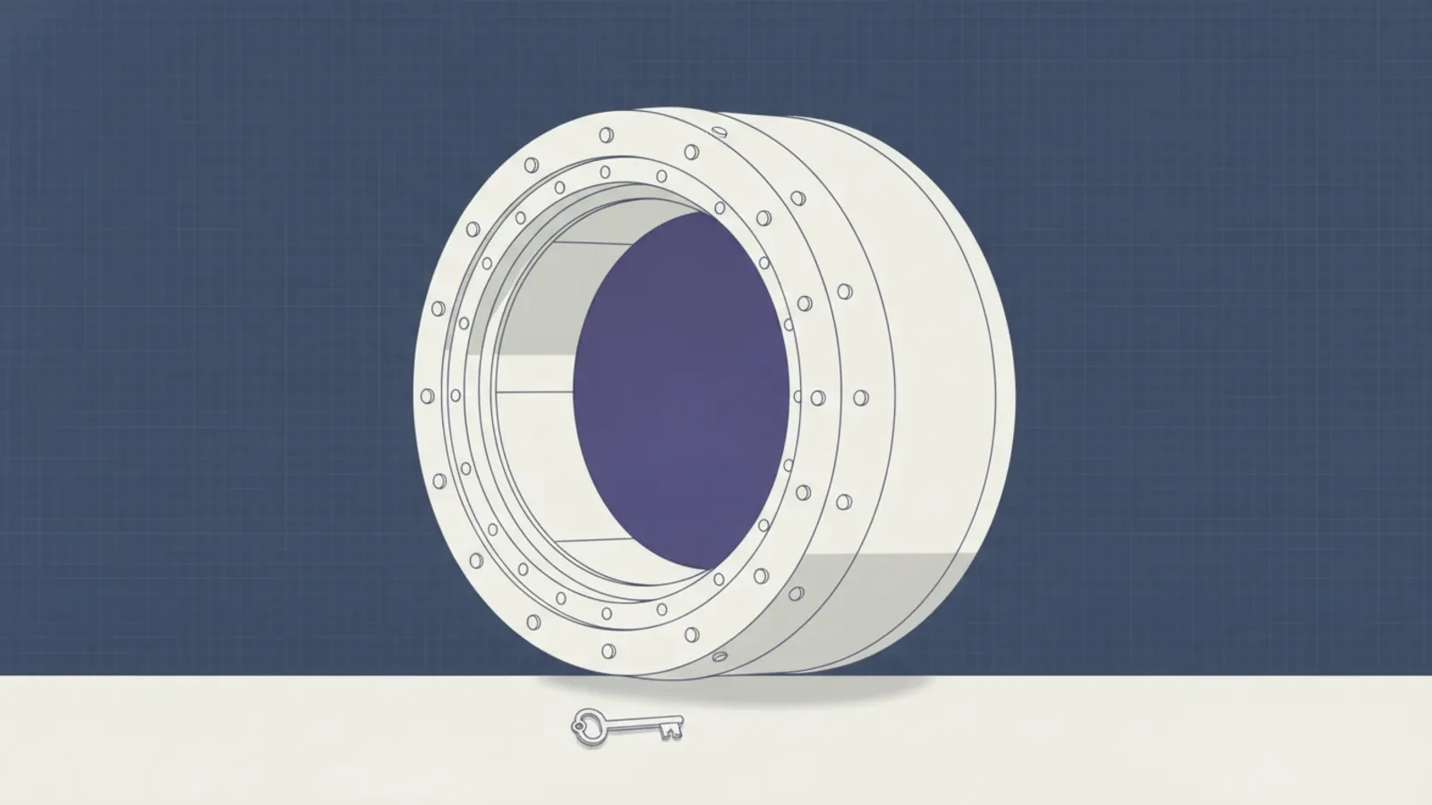 Editorial illustration: a massive vault door standing open and undamaged, a small key on the floor before it.