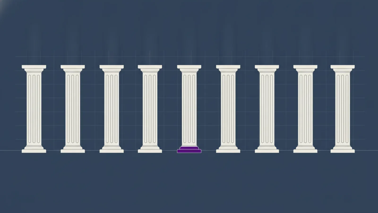 Editorial illustration: a colonnade with several pillars removed, their empty bases left in the row.
