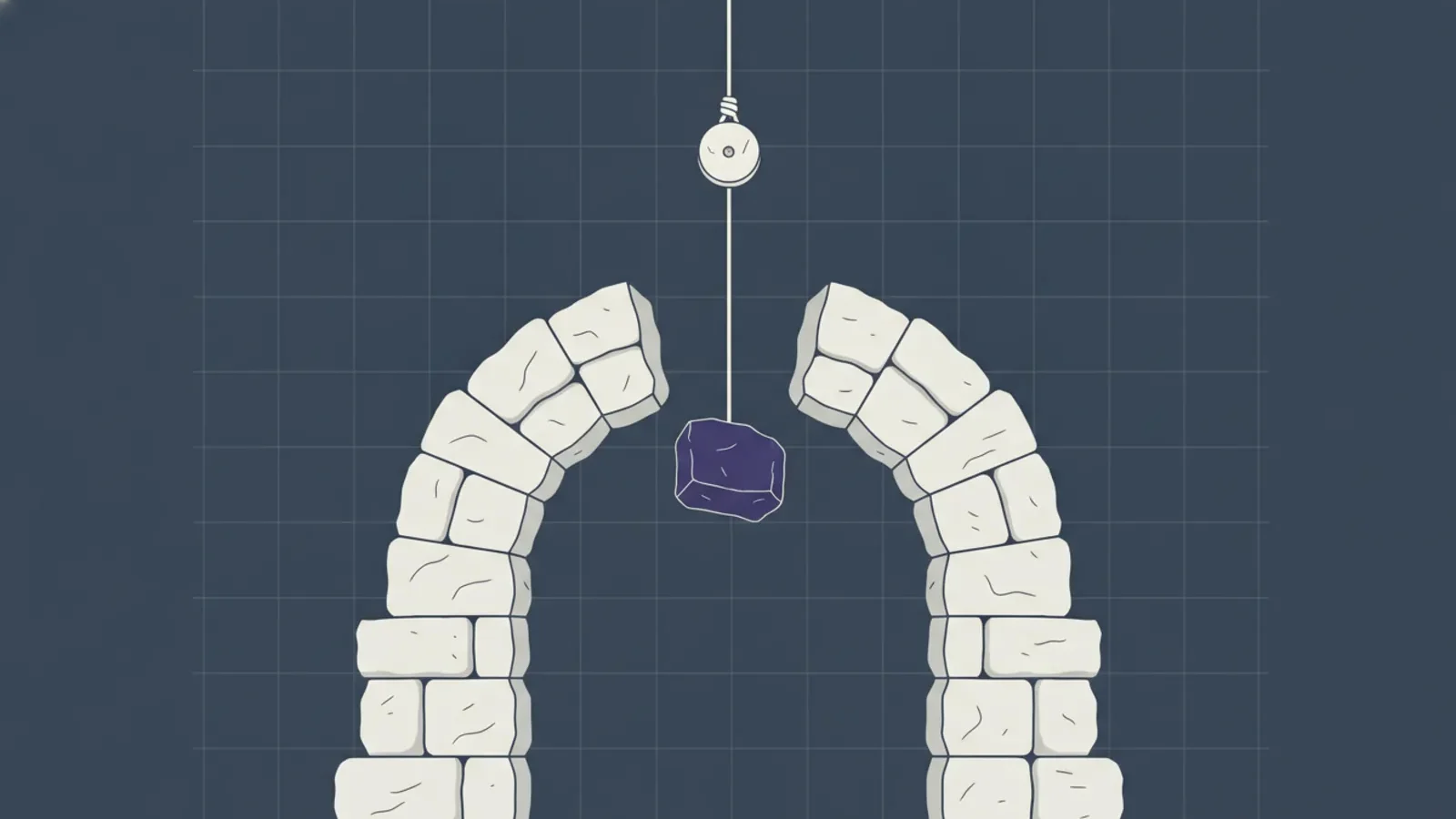 Editorial illustration: an unfinished archway with its keystone suspended above the gap, not yet placed.