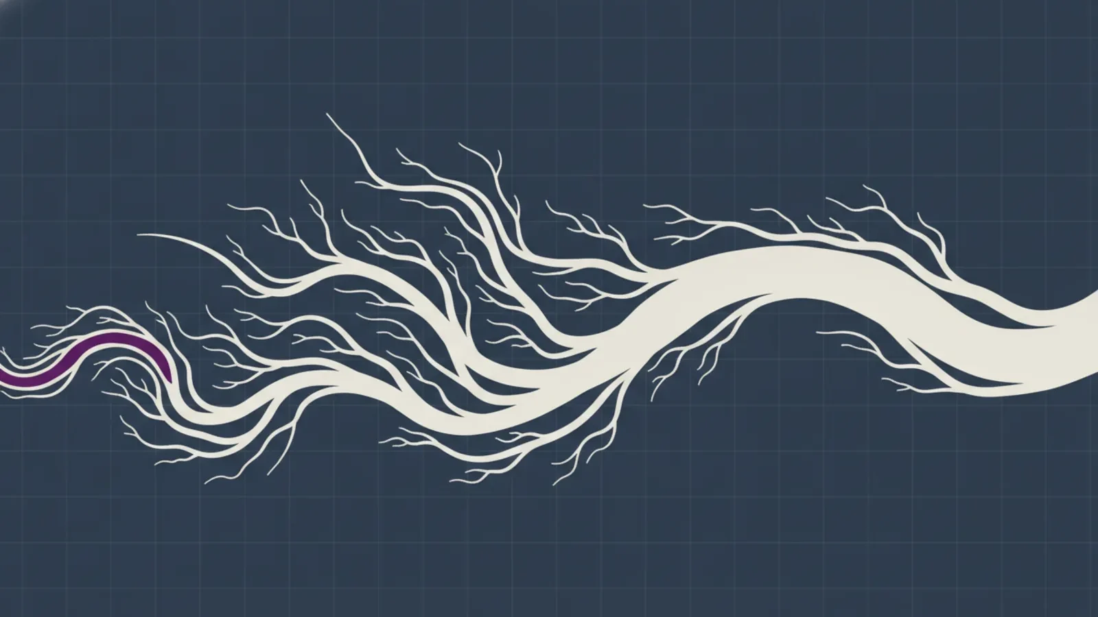 Editorial illustration: many winding tributaries merging into one broad river channel.