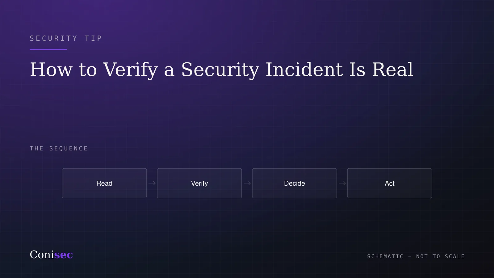 Conisec guide illustration: read, verify, decide, act.